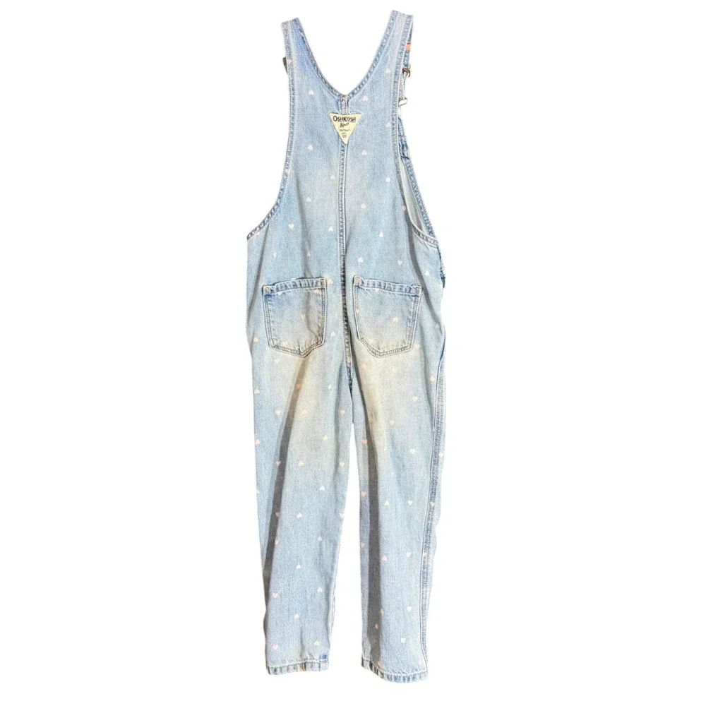 OshKosh Bgosh Toddler Girls Size 4T Denim Overalls Pink Heart Print Bibs Play